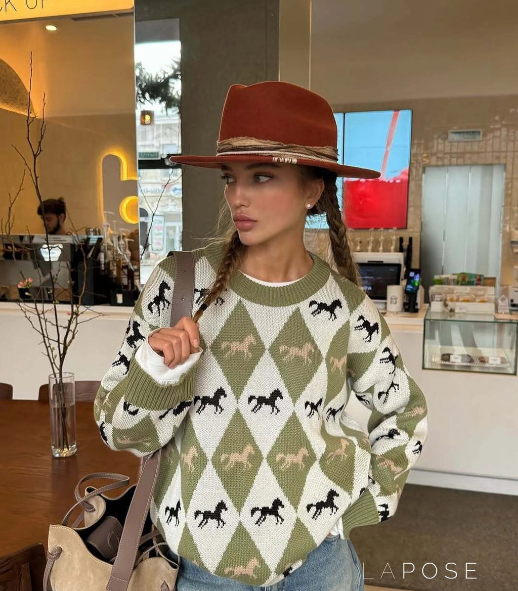 Stefania Contrast Argyle Sweater