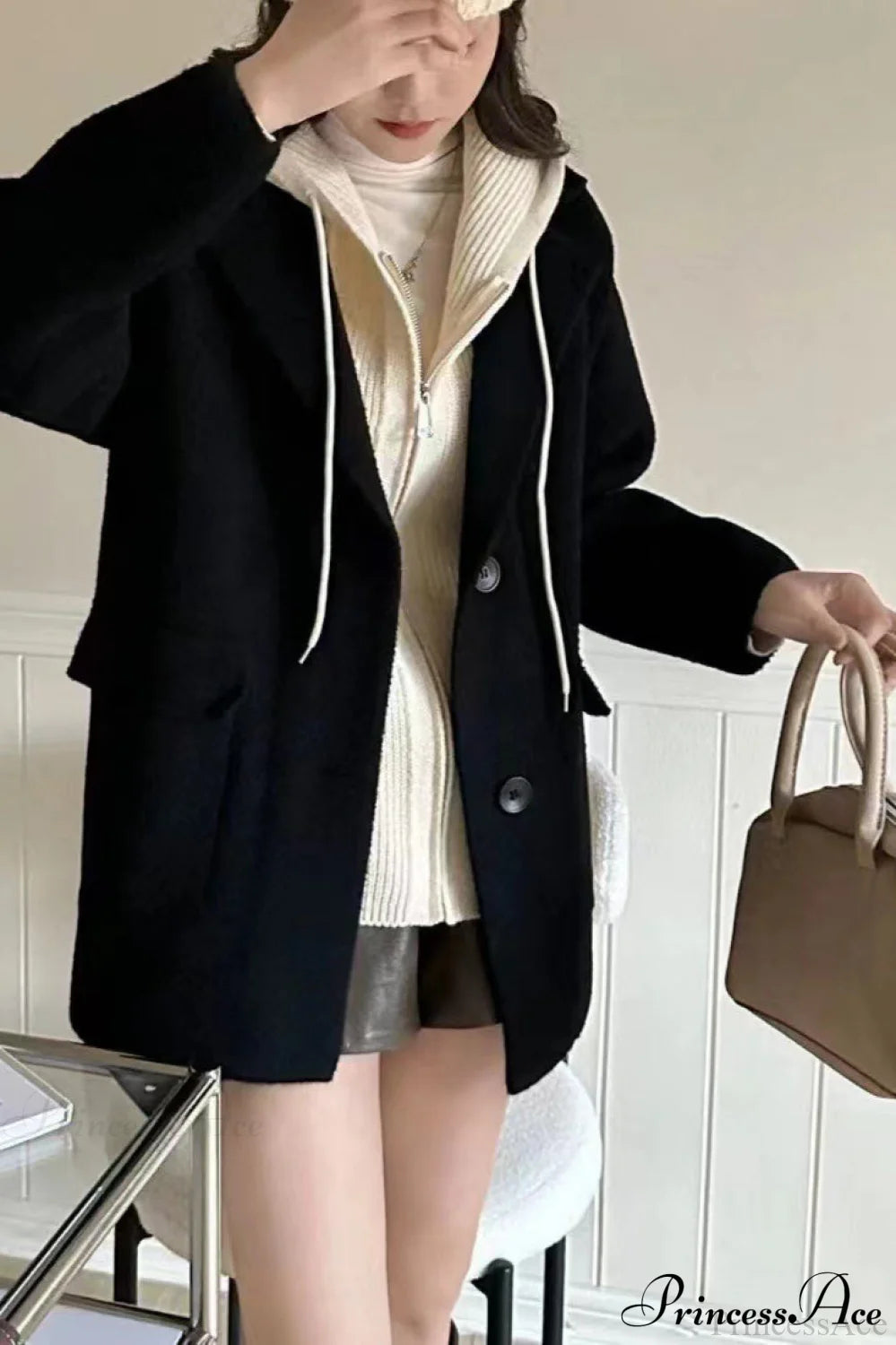 Layered-look Wool Blend Loose Slim-fit Knit Cardigan Coat