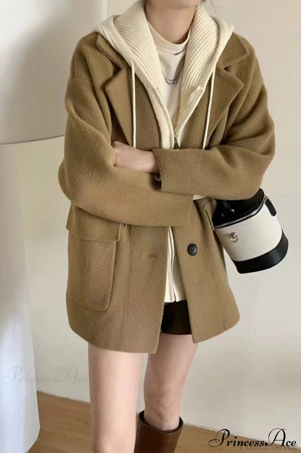 Layered-look Wool Blend Loose Slim-fit Knit Cardigan Coat
