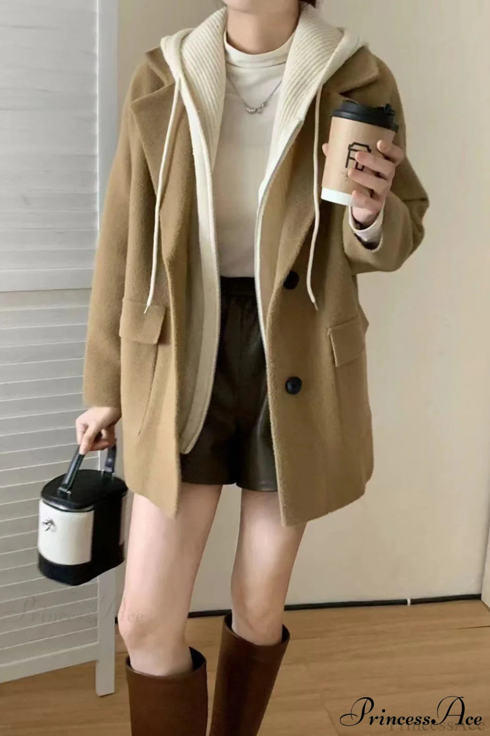 Layered-look Wool Blend Loose Slim-fit Knit Cardigan Coat