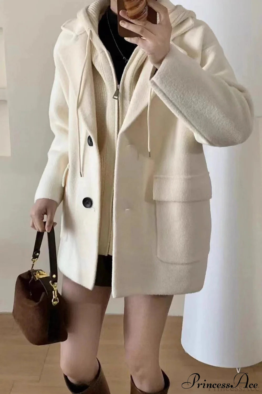 Layered-look Wool Blend Loose Slim-fit Knit Cardigan Coat