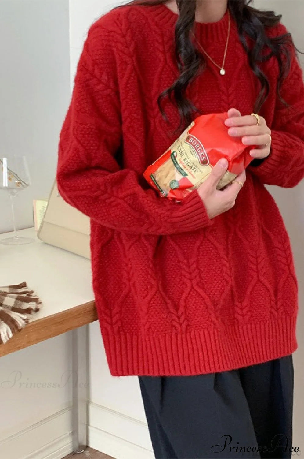 Lazy Style Candy-colored Cable-knit Sweater