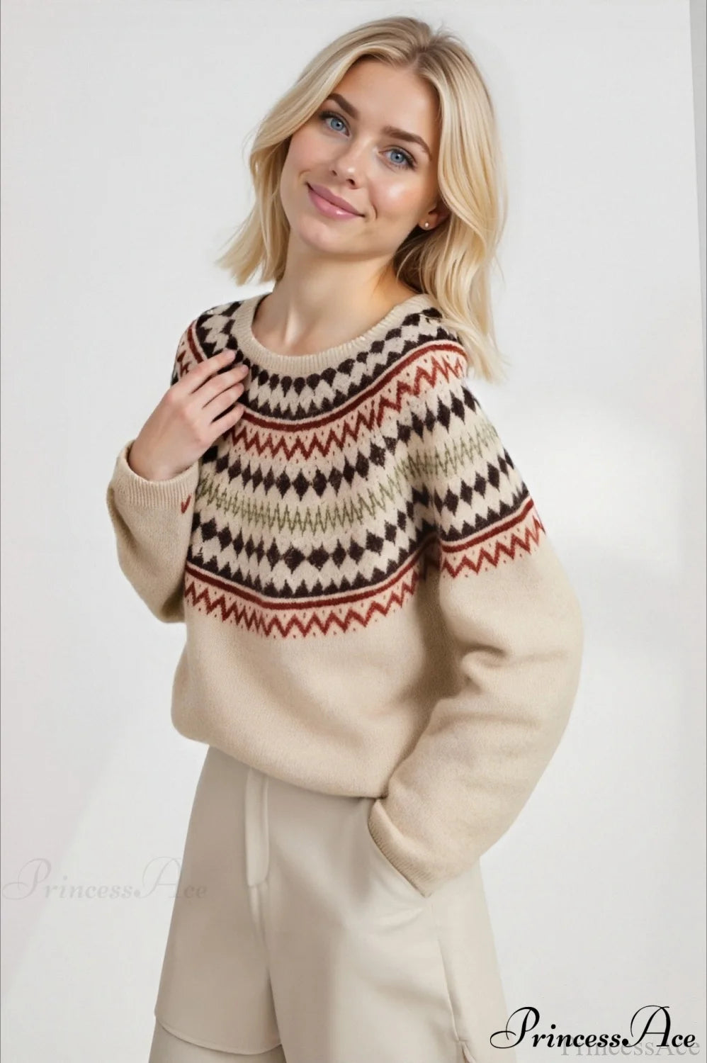 Lazy-style Fair Isle Retro Versatile Crew-neck Sweater