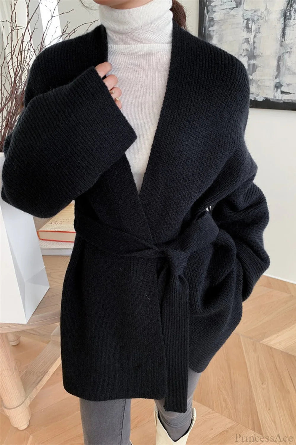 Lazy-style Oversized Belted Knit Cardigan