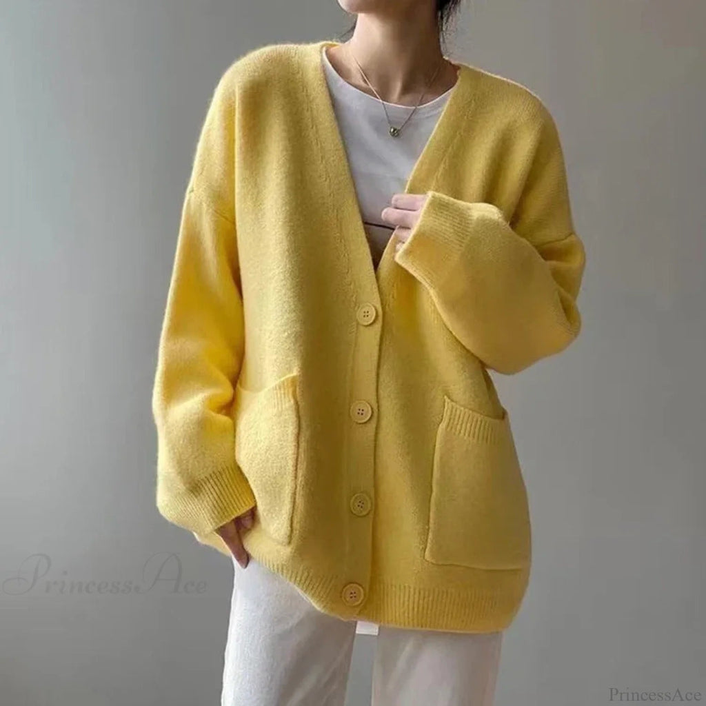 Lazy Wind Yellow Single-breasted Knit Cardigan