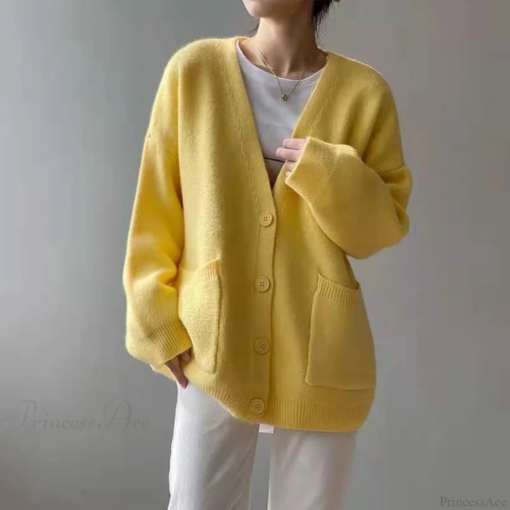 Lazy Wind Yellow Single-breasted Knit Cardigan