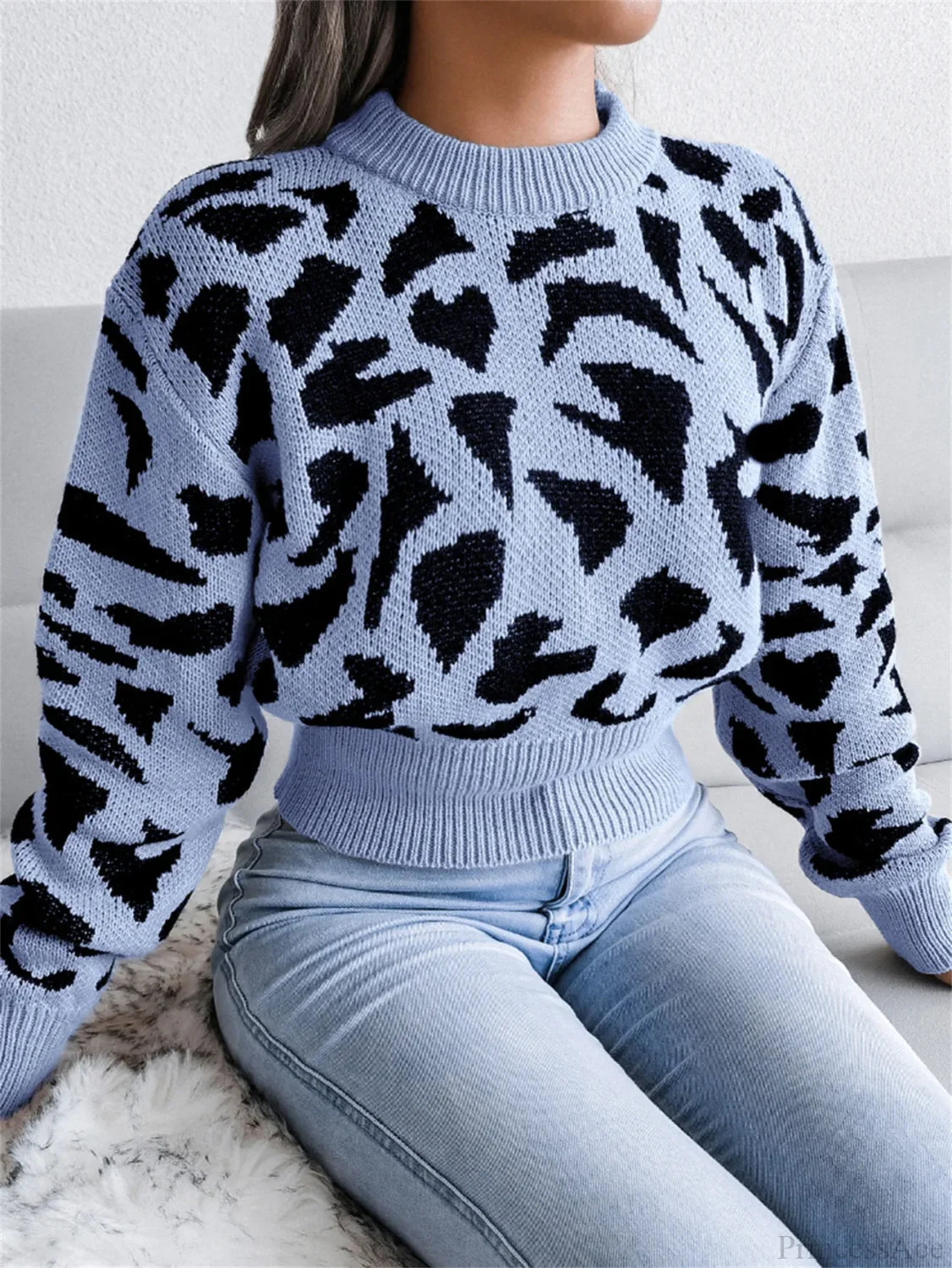 Leopard Pattern Waist Collection Round Neck Sweater