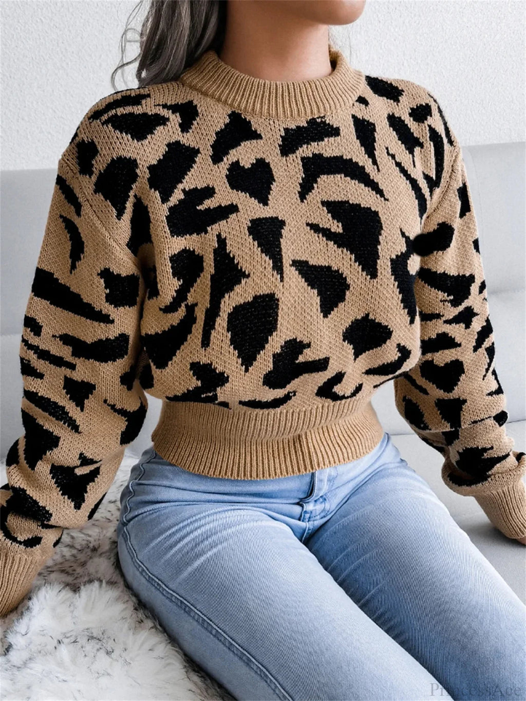 Leopard Pattern Waist Collection Round Neck Sweater