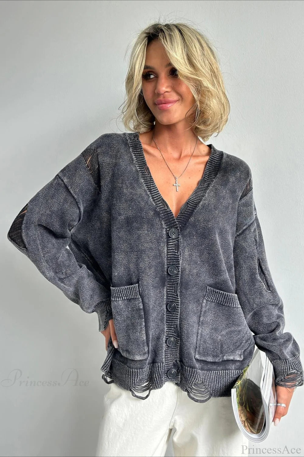 Loose Deep V Neck Knit Button Cardigan