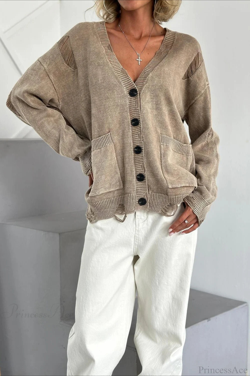 Loose Deep V Neck Knit Button Cardigan