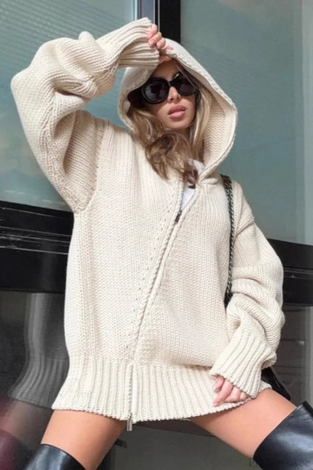 Loose Zip Hooded Knit Sweatshirt Cardigan