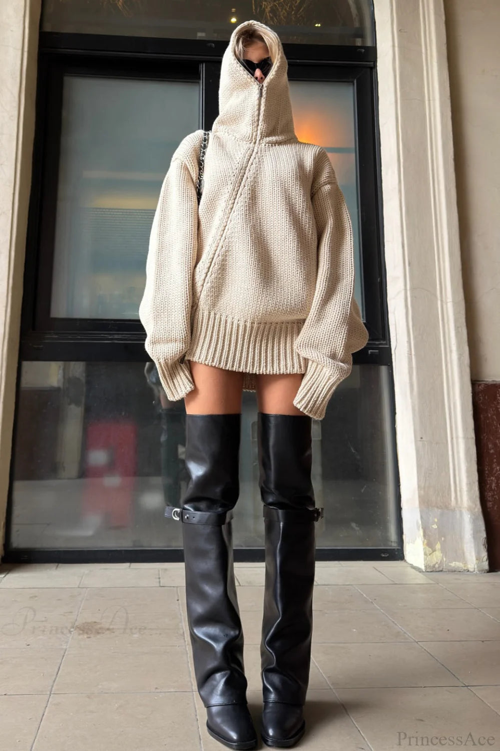 Loose Zip Hooded Knit Sweatshirt Cardigan