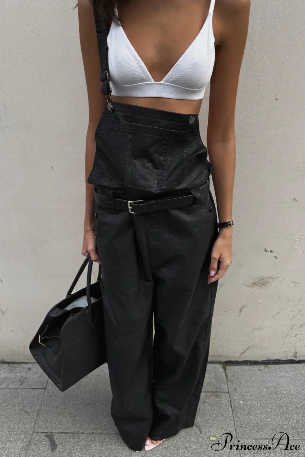 Lychee Leather Bib Belted Pants