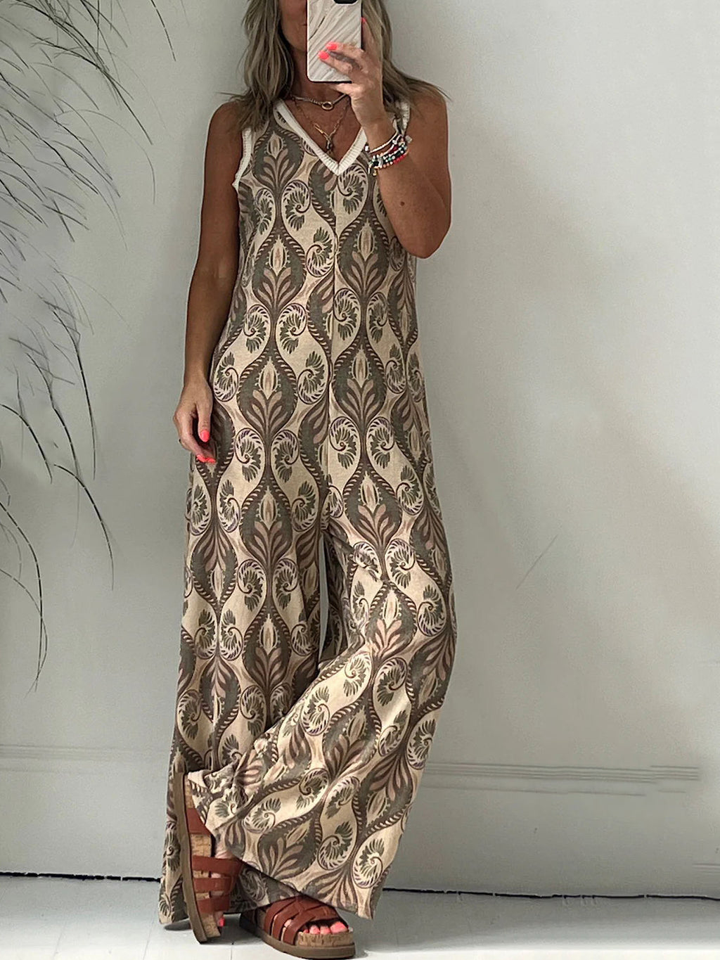 V Neck Sleeveless Printed Wide-leg Pants Jumpsuits