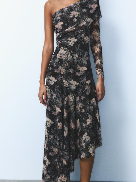 Print One Shoulder Asymmetric Midi Dress