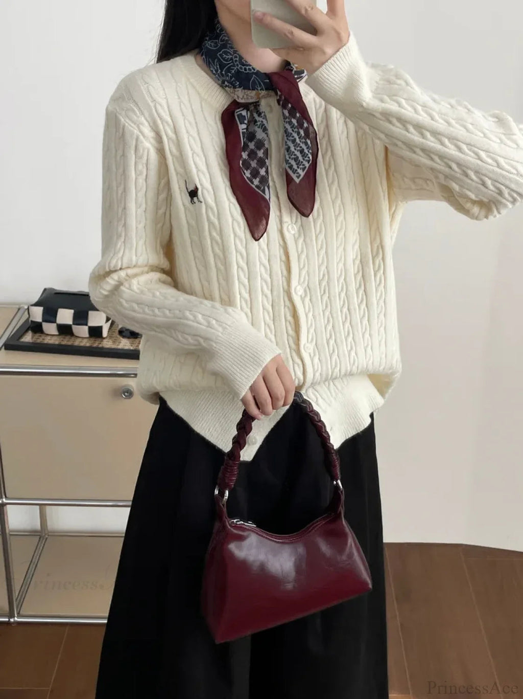 Navy Blue Cable Knit Cartoon Embroidered Cardigan Christmas Sweater