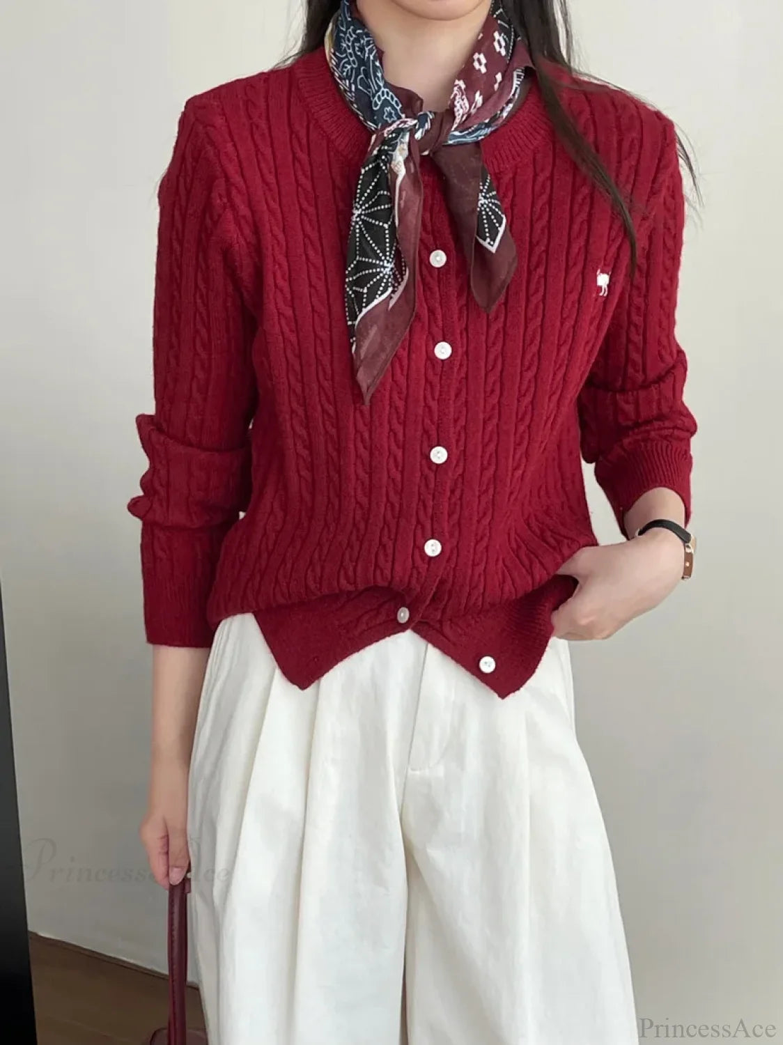 Navy Blue Cable Knit Cartoon Embroidered Cardigan Christmas Sweater