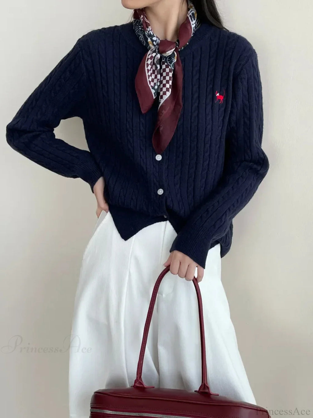 Navy Blue Cable Knit Cartoon Embroidered Cardigan Christmas Sweater
