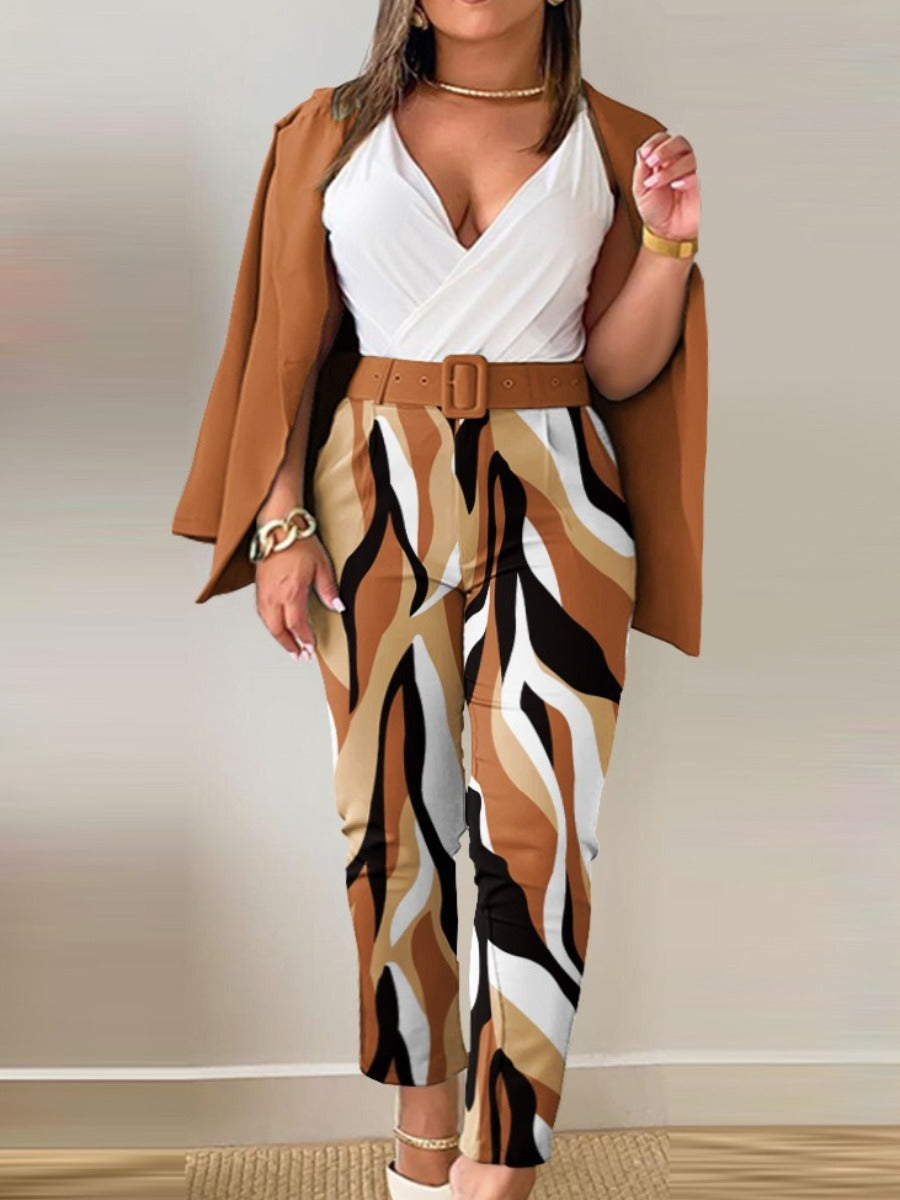 Leopard Print Belt Design Blazer Pants Set Ac204
