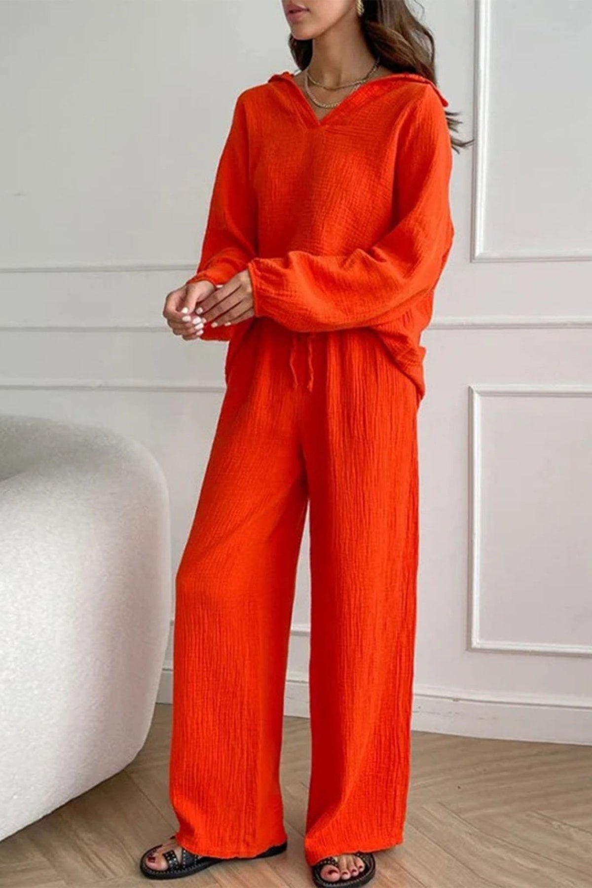 Lapel Drawstring Wide Leg Pants Two-piece Set