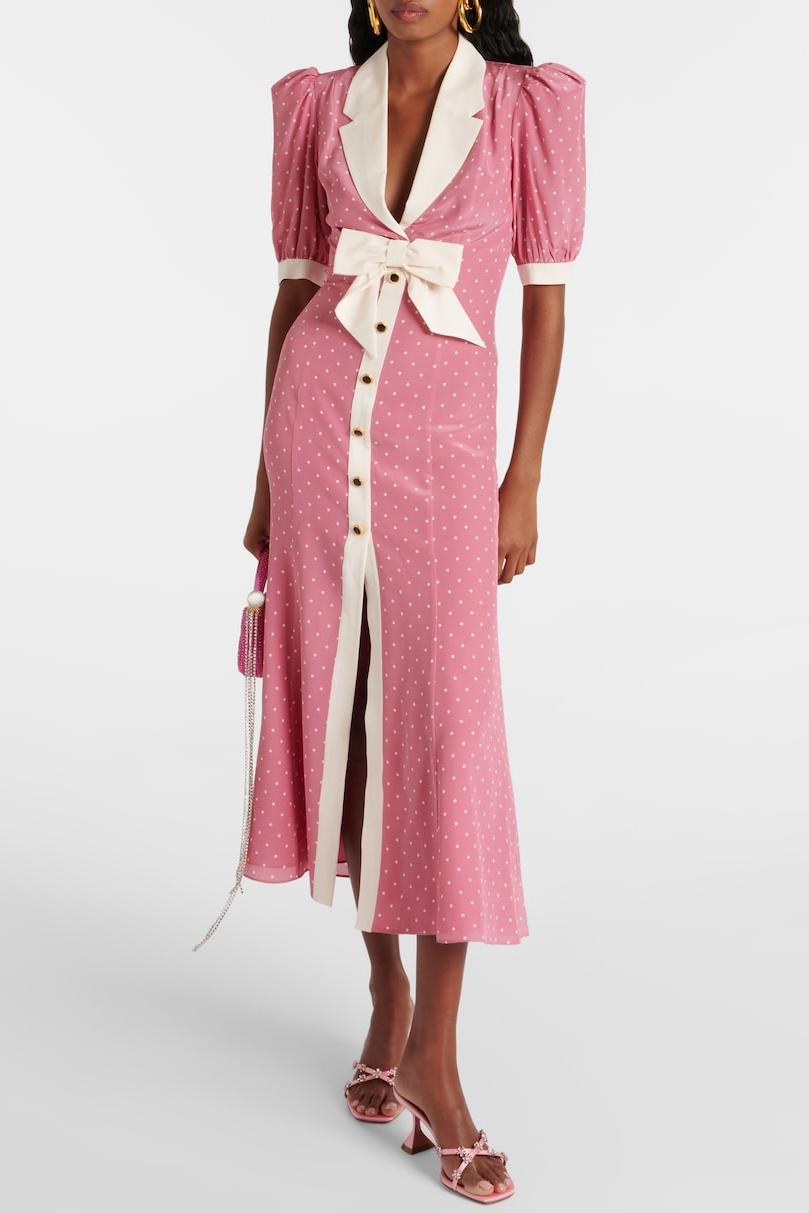 Rita Bow Trimmed Puff Sleeve V-neckline Midi Dress