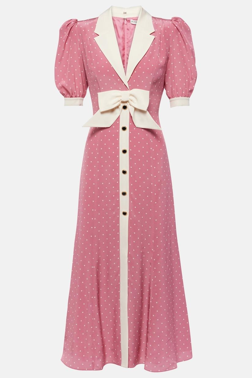 Rita Bow Trimmed Puff Sleeve V-neckline Midi Dress