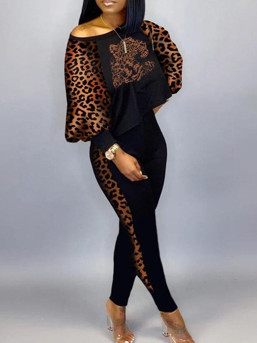 Crop Top Leopard Print Skinny Pants Set At9052