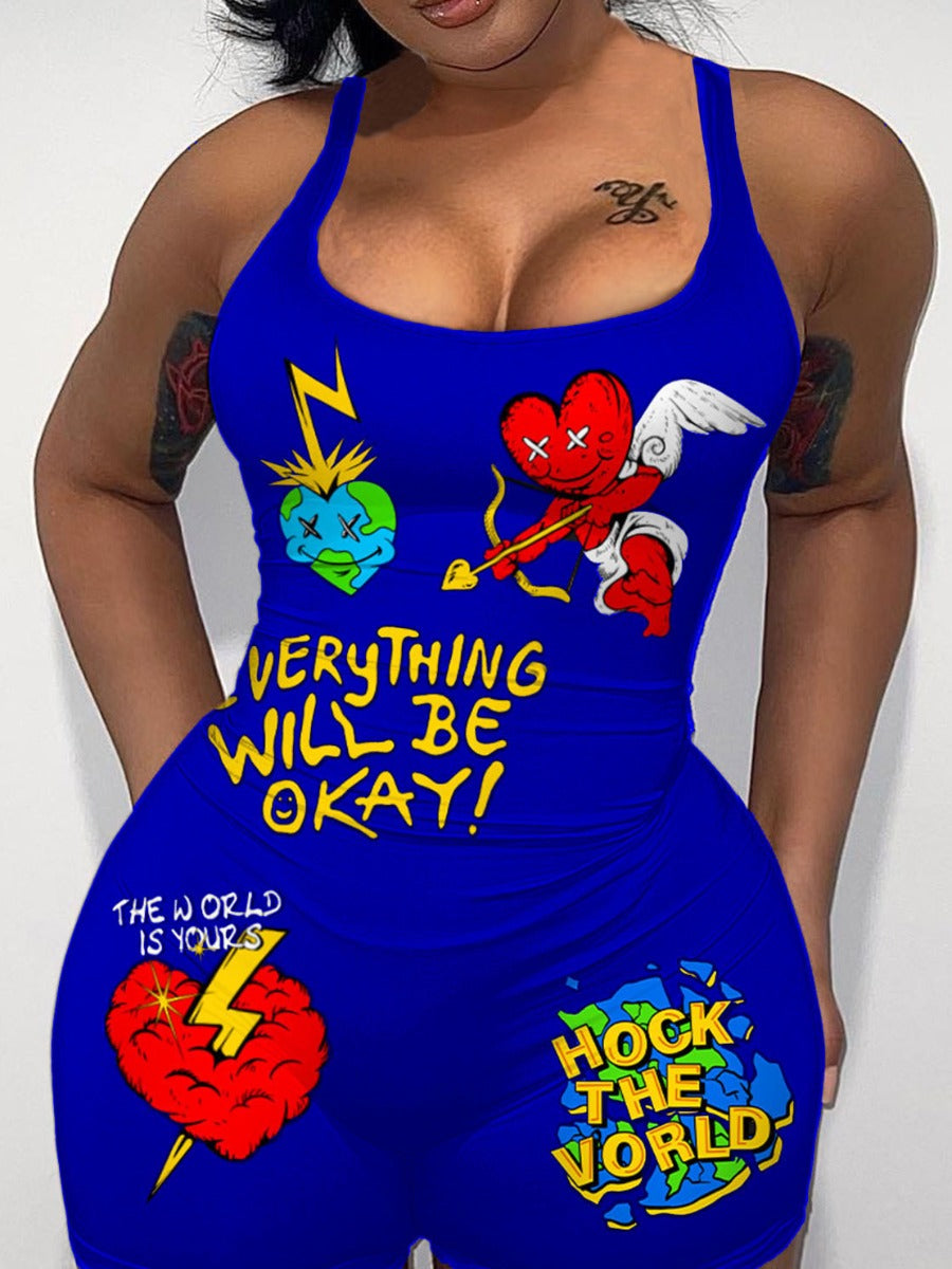 Cartoon Letter Print Cami Romper Ar502