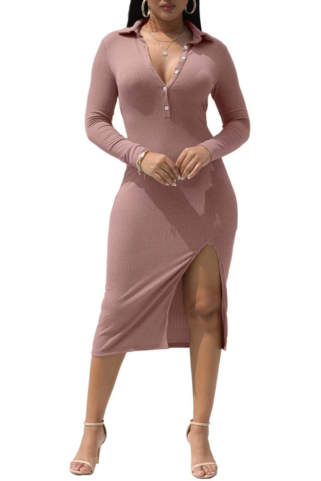 Ribbed Back Tie High Split Midi Dress