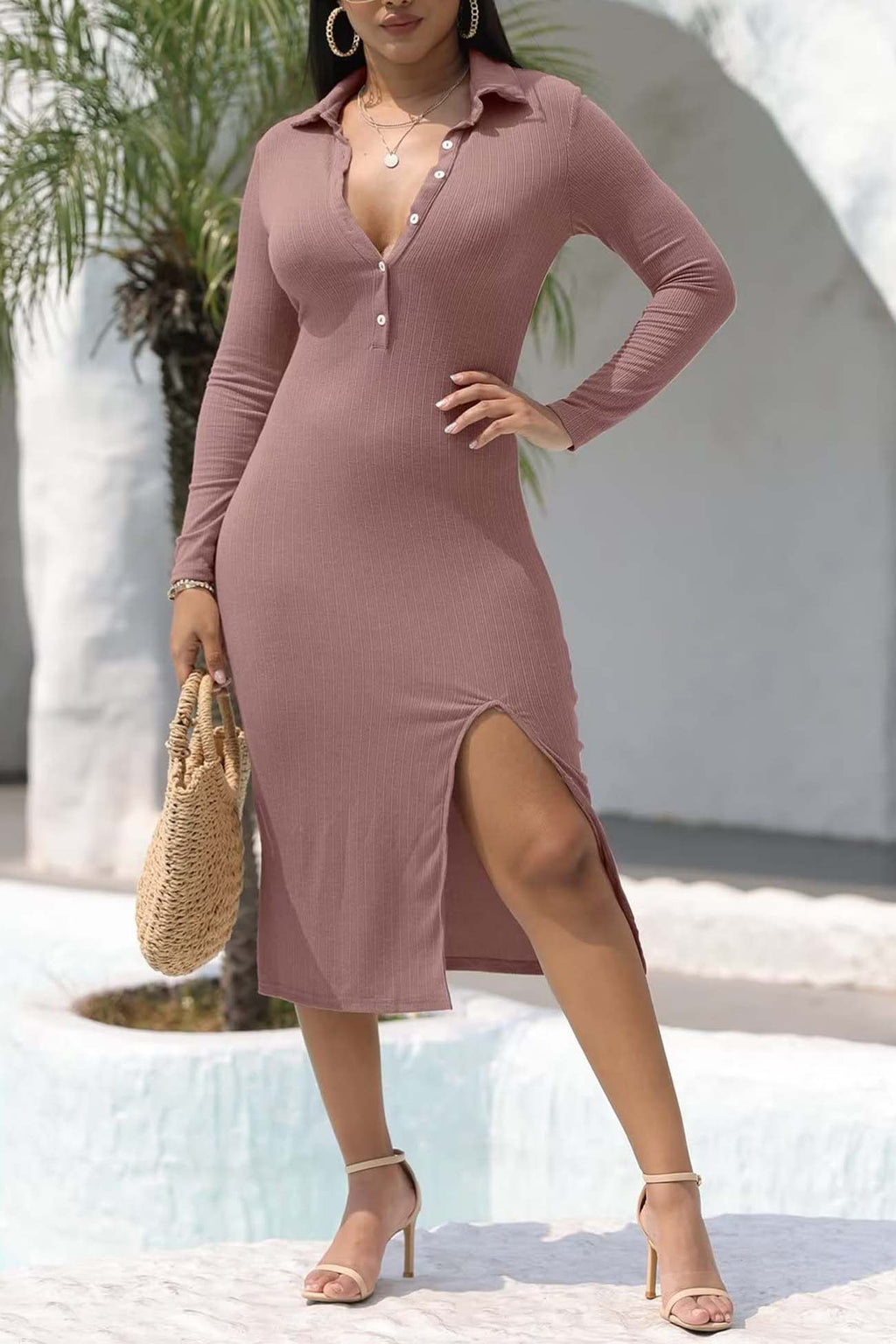 Ribbed Back Tie High Split Midi Dress