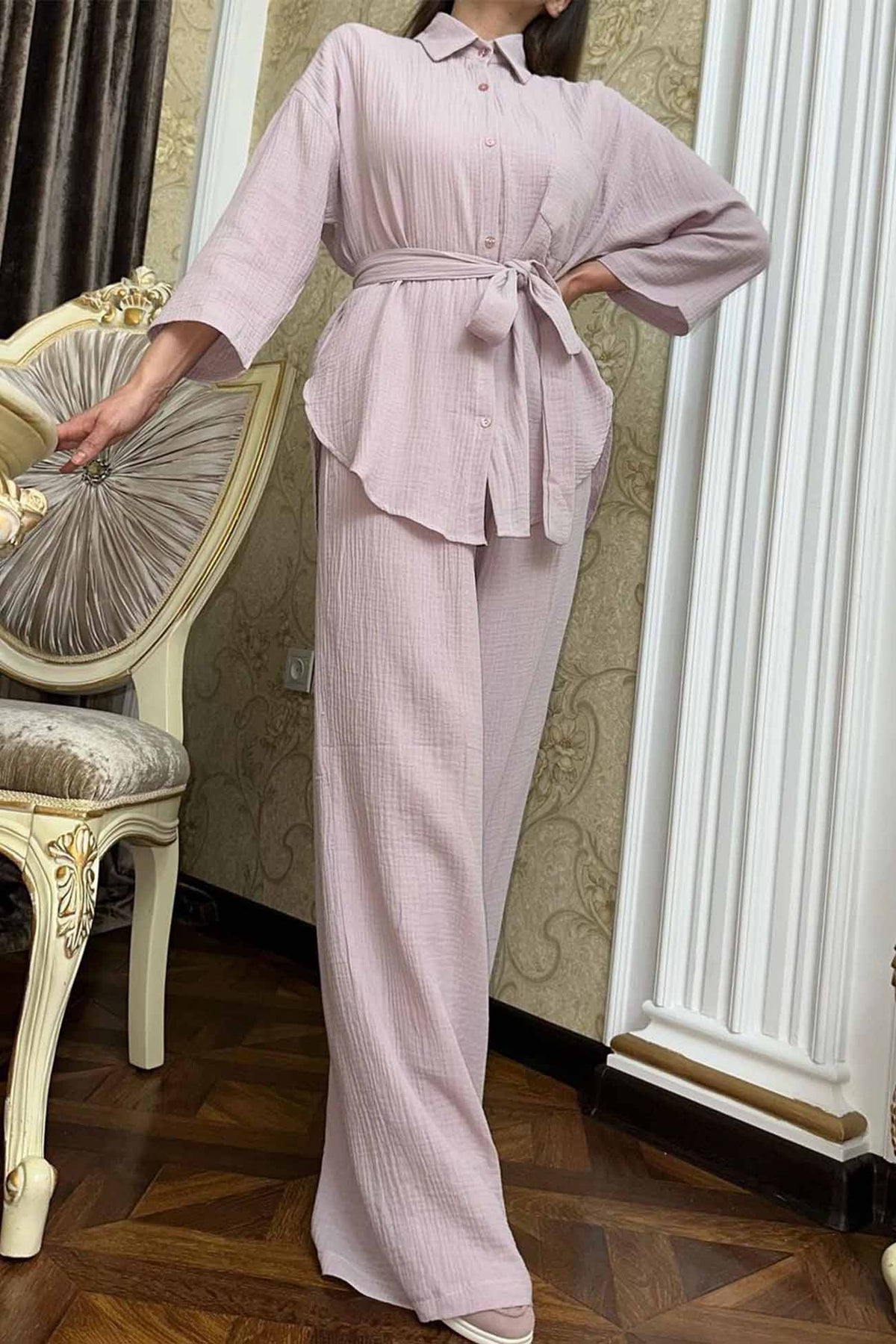 Button Belt Wide Leg Pants Two-piece Set