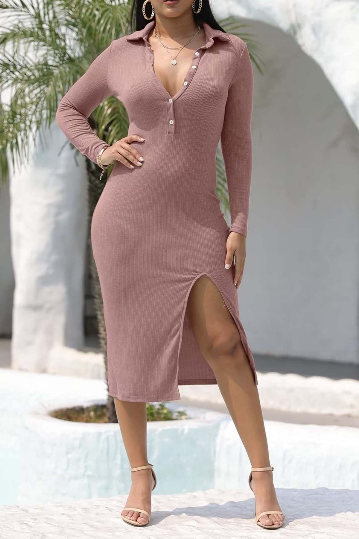Ribbed Back Tie High Split Midi Dress