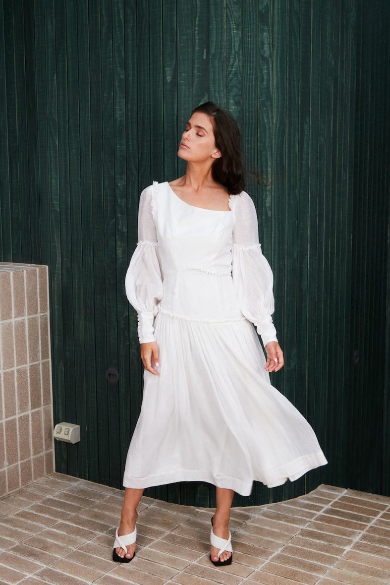 Lantern Sleeve Diagonal Collar Hollow Out Midi Dress White