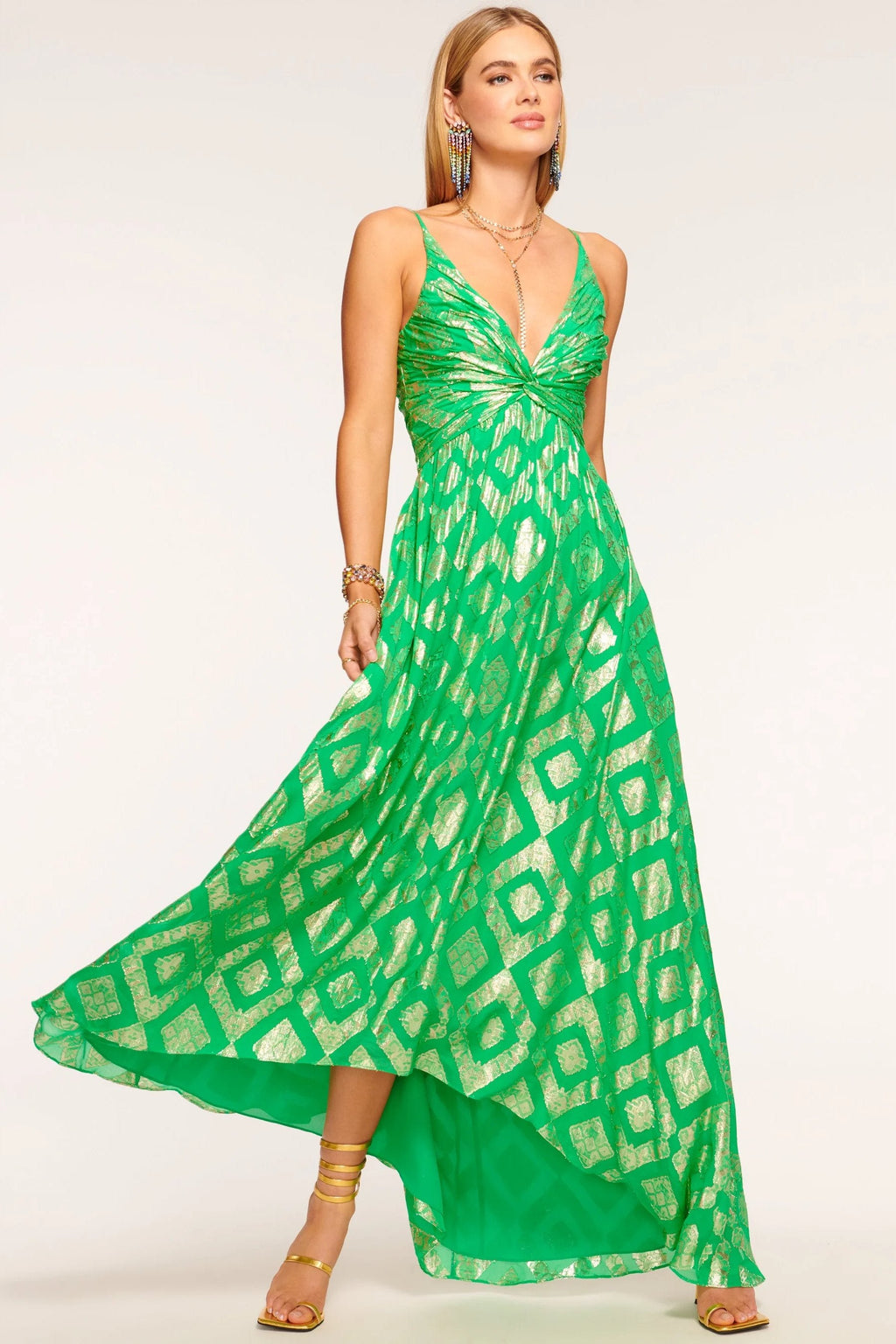 Metallic V-neck Maxi Dress Green