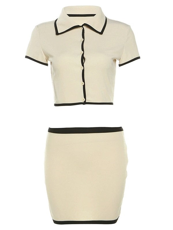 Contrast Cardigan Lapel Top & Mini Skirt Set