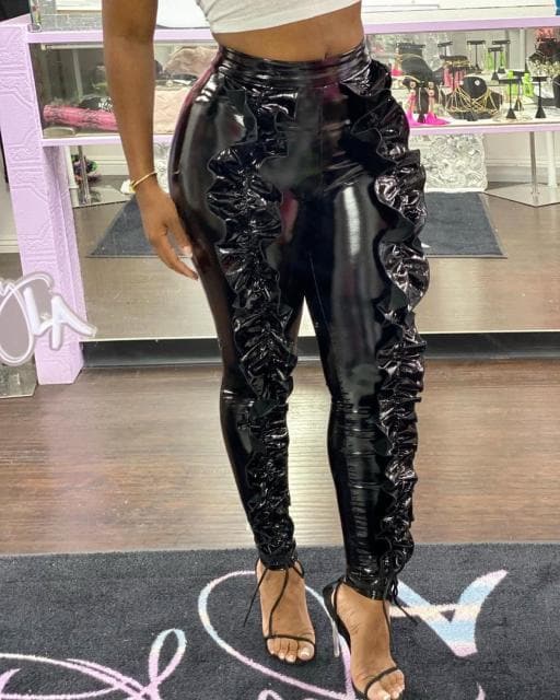 Pu Leather Pencil Ruffle Pleated Stacked Pants Skinny Bodycon Womne Pants High Waist Black Pu Trousers Club