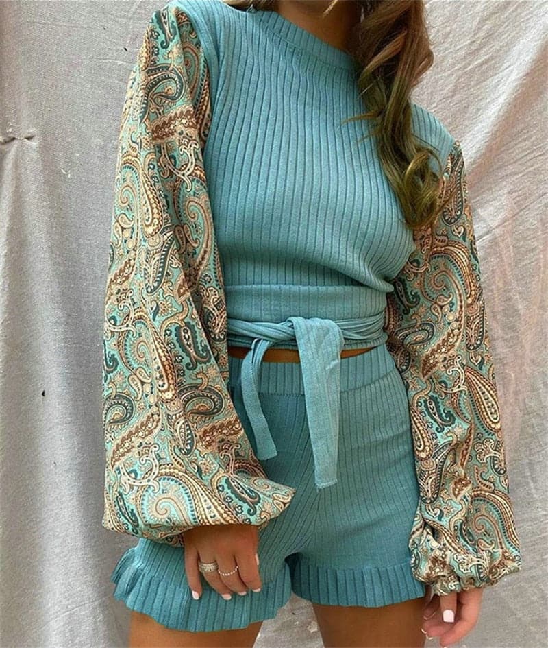 Dressbetty - Lantern Sleeve Print Top+elastic High Waist Shorts