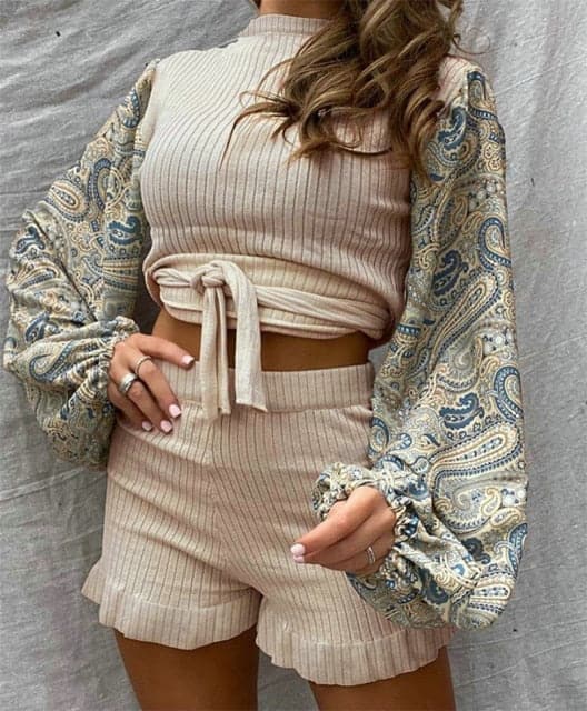 Dressbetty - Lantern Sleeve Print Top+elastic High Waist Shorts