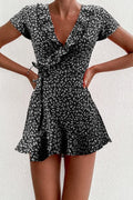 Summer ’s Floal A-line Dress Sweet Ruffles V-neck Bandage Short Dress for Lady Flowers Mini Dress