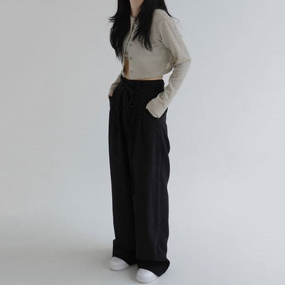 Dressbetty - High Waist Wide Leg Long Suit Pants New Drawstring Loose Trousers Pantalones