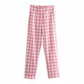 Office Lady Pink Plaid Suit Cotton Long Pants Summer Za High Waist Zipper Straight Trousers