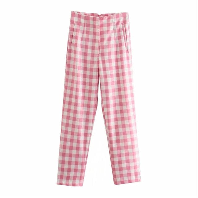 Office Lady Pink Plaid Suit Cotton Long Pants Summer Za High Waist Zipper Straight Trousers