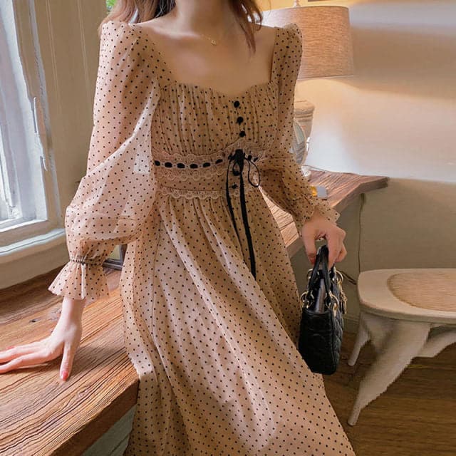 French Midi Dress Puffer Sleeve Square Collor Office Dress Female Autumn Dot One Piece Dress Korean