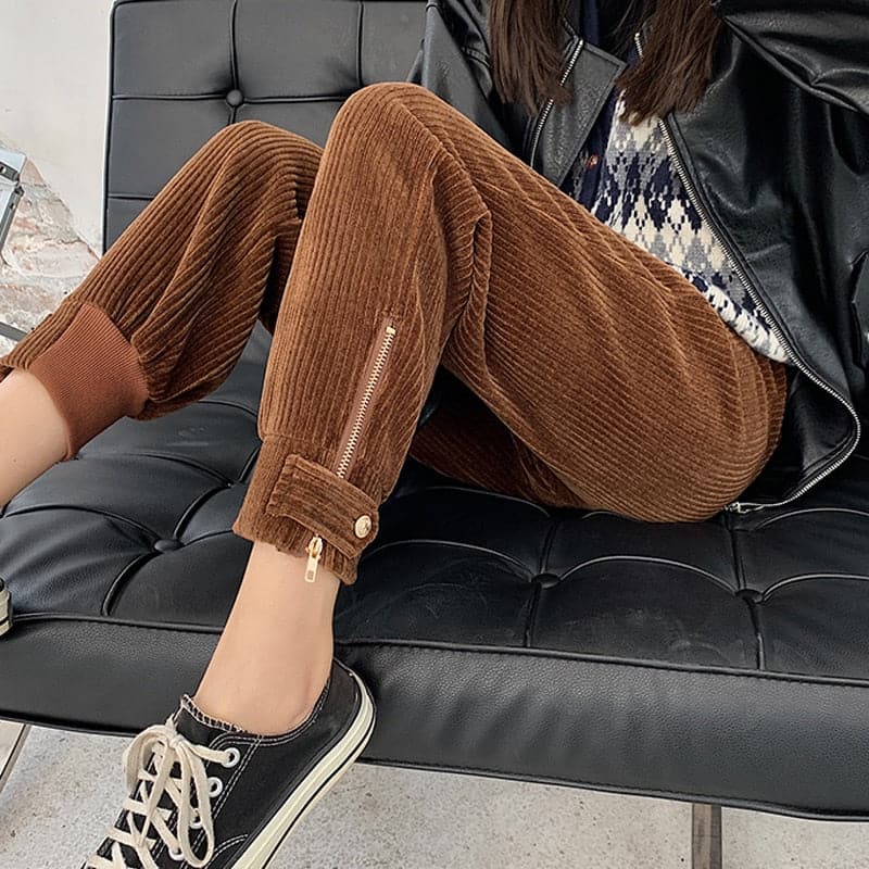 Winter Corduroy Pants Thick Warm Zipper Elastic High Waist Pencil Pant Causal Loose Baggy Trousers