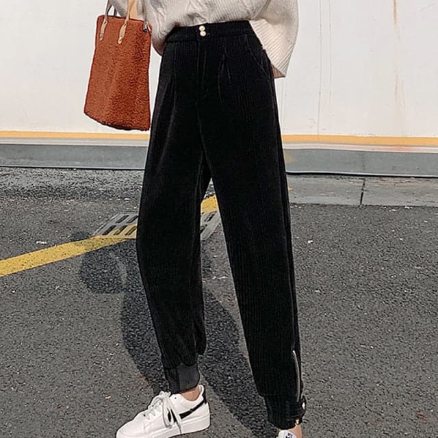 Winter Corduroy Pants Thick Warm Zipper Elastic High Waist Pencil Pant Causal Loose Baggy Trousers
