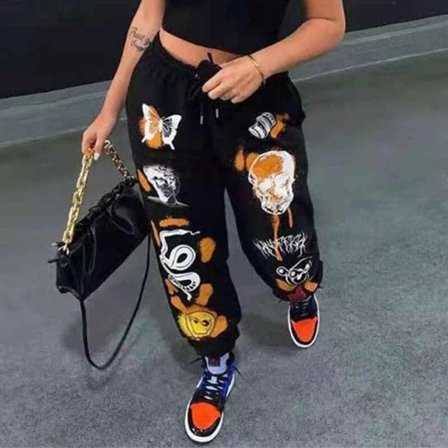 Woman Sweatpants Trousers Harajuku Jogger Cartoon Skull Print Urban Sweat Pants