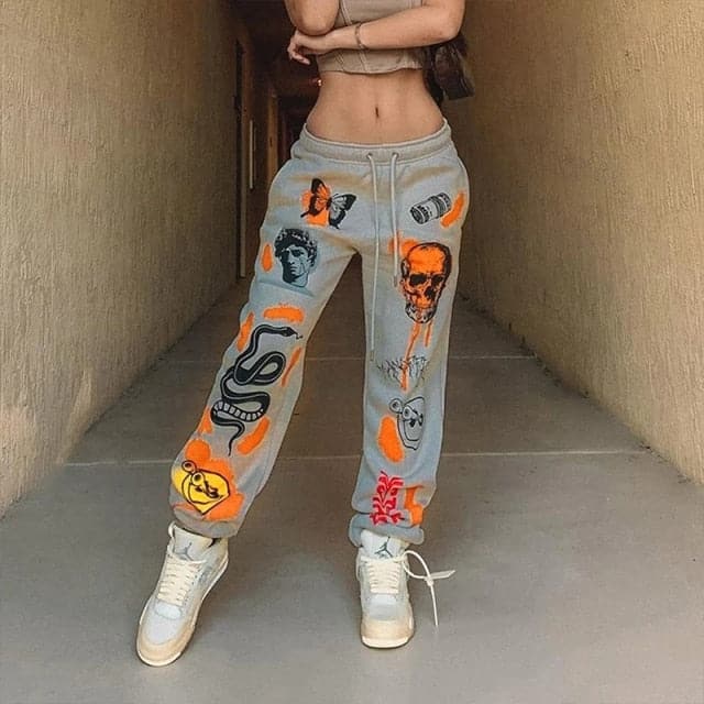 Woman Sweatpants Trousers Harajuku Jogger Cartoon Skull Print Urban Sweat Pants