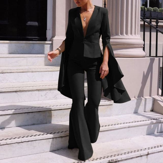 V-neck Office Flare Pants Suits