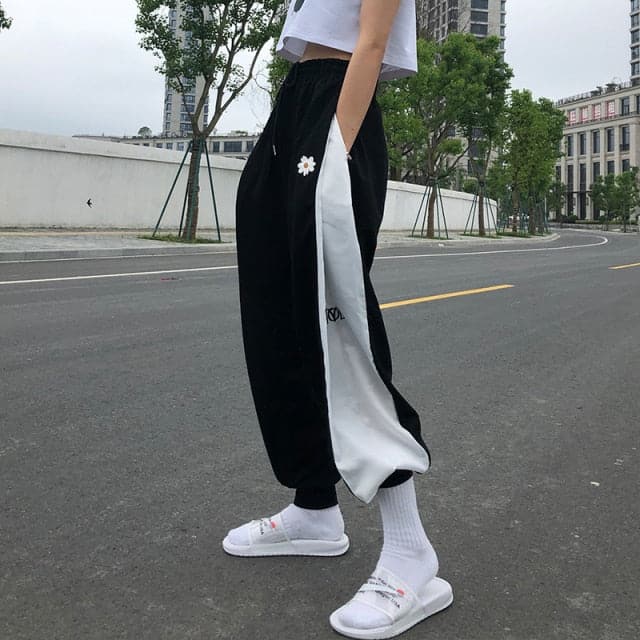 White Blue Contrast Loose Jogging Pants High Waist Drawstring Trousers Pants Female Korean Pants