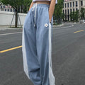 White Blue Contrast Loose Jogging Pants High Waist Drawstring Trousers Pants Female Korean Pants
